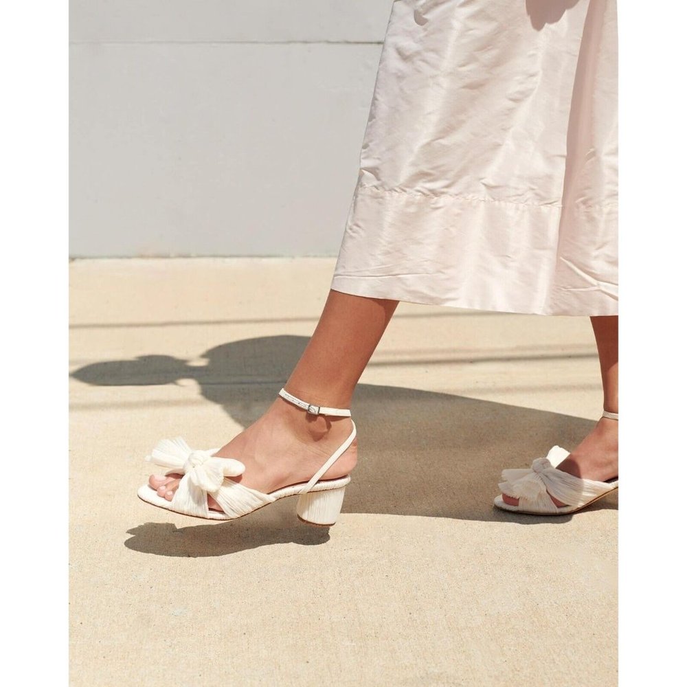 Loeffler Randall Dahlia Pleated Bow Ankle Strap Heel Sandal Pearl White US 7.5